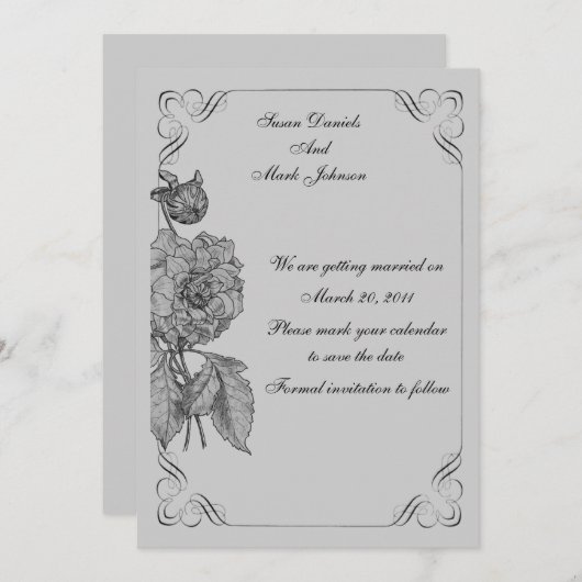 ブラックシルバー牡丹フローラ結婚式日付を保存 招待状 (正面/裏面)