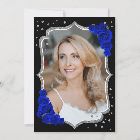 ブラックシルバー王室のブルー写真第50誕生日 招待状 (裏面)