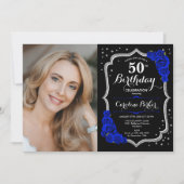 ブラックシルバー王室のブルー写真第50誕生日 招待状 (正面)