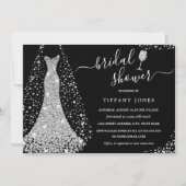 ブラックシルバー結婚ズドレススパークルブライダルシャワー 招待状 (正面)