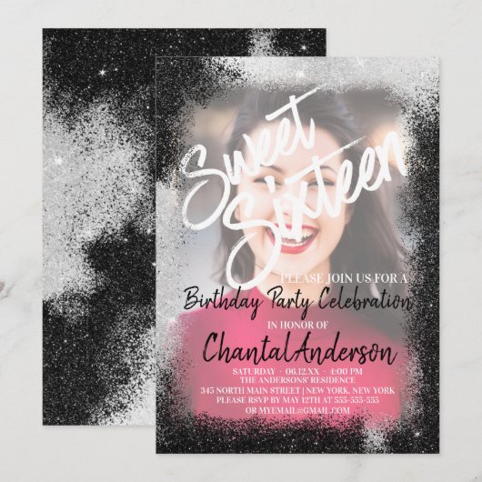 ブラックシルバー縁どグリッター写真Sweet sixteen 招待状 (正面/裏面)