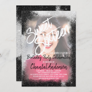 ブラックシルバー縁どグリッター写真Sweet sixteen 招待状