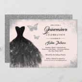 ブラックシルバー赤面ドレスバタフライキンセアニェラ 招待状 (正面/裏面)