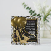 ブラックシルバー金ゴールドハイヒールウーマンズバースデーパーティー 招待状 (スタンド正面)