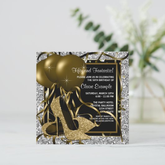 ブラックシルバー金ゴールドハイヒールウーマンズバースデーパーティー 招待状 (スタンド正面)