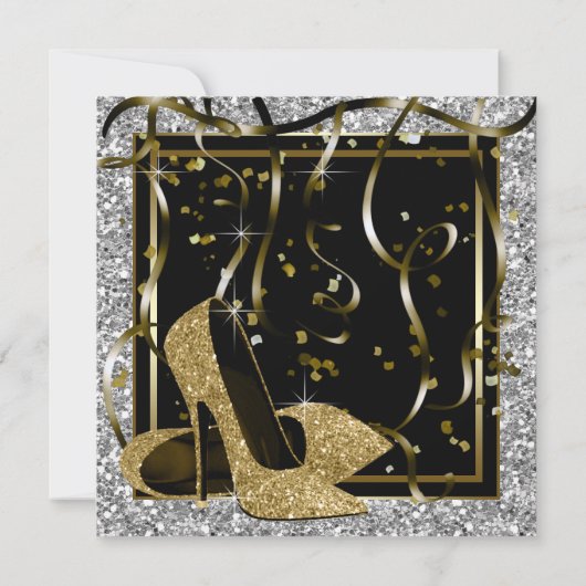 ブラックシルバー金ゴールドハイヒールウーマンズバースデーパーティー 招待状 (裏面)