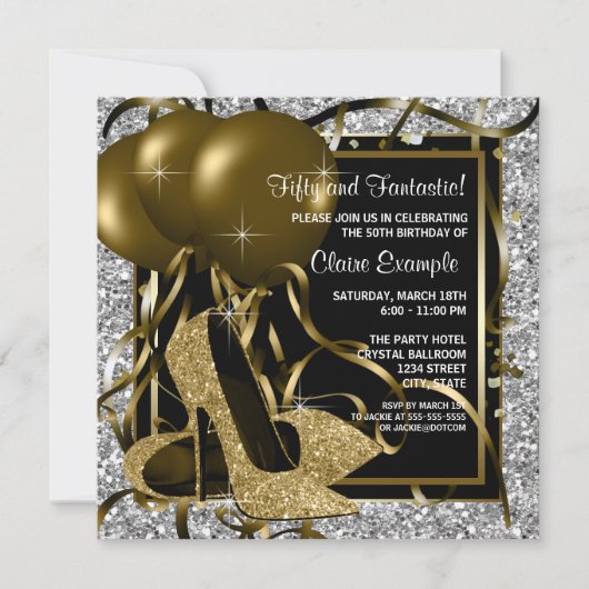 ブラックシルバー金ゴールドハイヒールウーマンズバースデーパーティー 招待状 (正面)