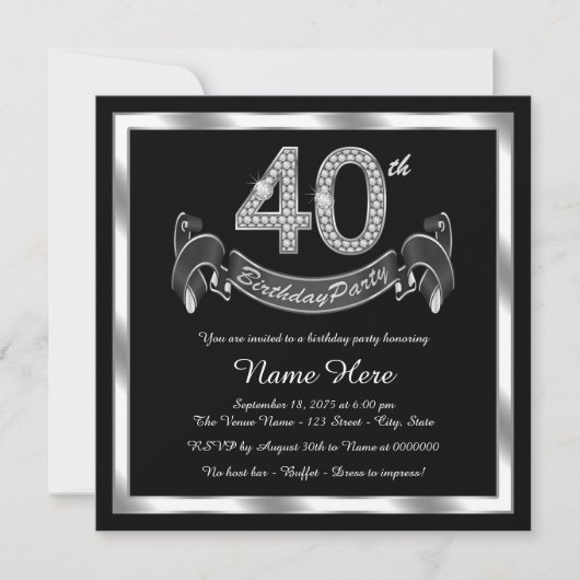 ブラックシルバー40歳の誕生日パーティー 招待状 (正面)