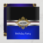 ブラックシルバー40th誕生日パーティーブラック王室のブルー 招待状 (正面/裏面)
