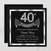 ブラックシルバー40th誕生日パーティー 招待状 (正面/裏面)