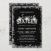 ブラックシルバー グリッター ダイヤモンド スウィート16 シックスティーン 招待状 (正面/裏面)