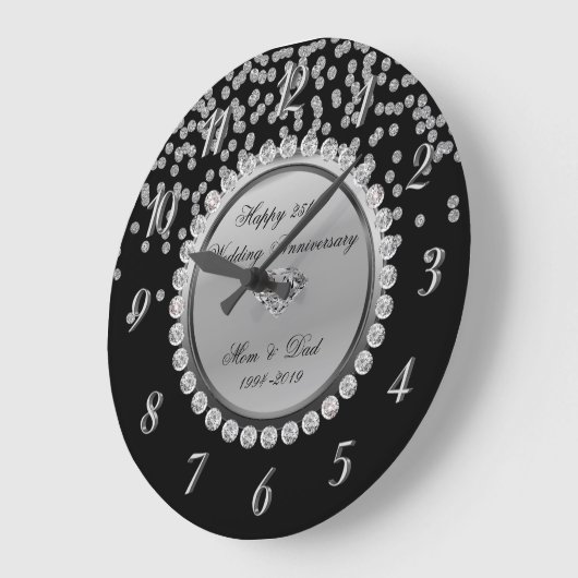 ブラックシルバー ダイヤモンド 25周年結婚記念日 ラージ壁時計 (傾斜)