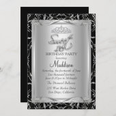 ブラックシルバー ダマスク＆ティアラ スウィート16 招待状 (正面/裏面)