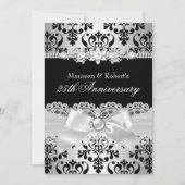 ブラックシルバー ダマスク パール リボン 25周年記念 招待状 (正面)