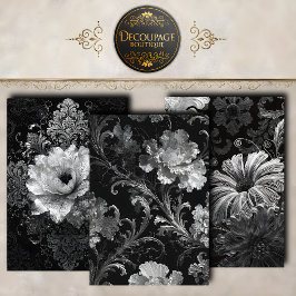 ブラックシルバー バロック フラワー デクパージュ コレクション ラッピングペーパーシート