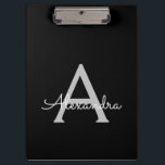 ブラックシルバー モダンスクリプト ガーリー モノグラム ネーム クリップボード<br><div class="desc">ブラックとシルバーのモノグラム ネーム プランニング クリップボード。豪華で洗練されたスタイルを愛する人への、スイート16の誕生日、結婚式、ブライダルシャワー、結婚記念日、ベビーシャワー、またはバチェロレッテパーティーのプレゼントに最適です。</div>