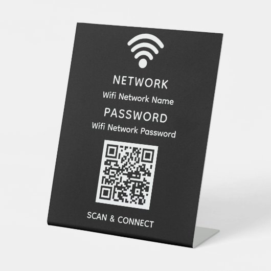 ブラックシンプルエレガントWifi QRコードネットワークパスワード 台座サイン (正面)