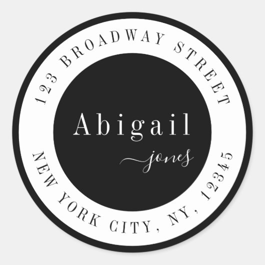 ブラックシンプルスクリプト名モダン差出人住所 ラウンドシール (正面)