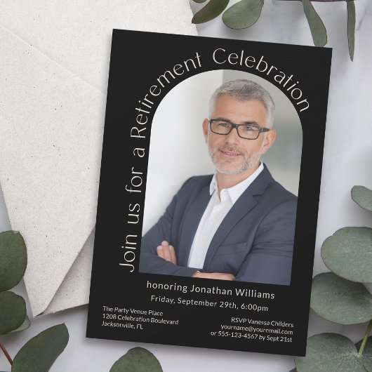 ブラックシンプルフォトアーチ退職パーティー 招待状