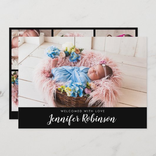 ブラックシンプルフォト生まれたばかりのベビー誕生発表 案内状 (正面/裏面)