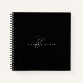 ブラックシンプルミニマリストスクリプトイニシャルモノグラム ノートブック