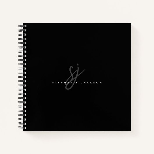 ブラックシンプルミニマリストスクリプトイニシャルモノグラム ノートブック (正面)