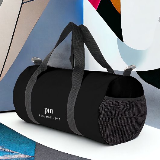 ブラックシンプルミニマルモノグラムと名前 ダッフルバッグ