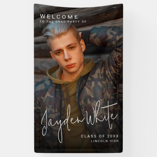 ブラックシンプルモダンスクリプト写真卒業パーティー 横断幕 (縦)