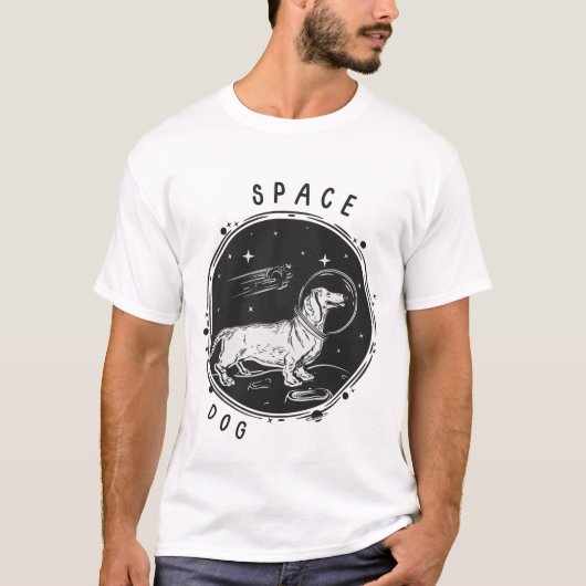 ブラックシンプル図解入りの、写真付きの宇宙ドッグ&ドッグイン宇宙 Tシャツ (正面)