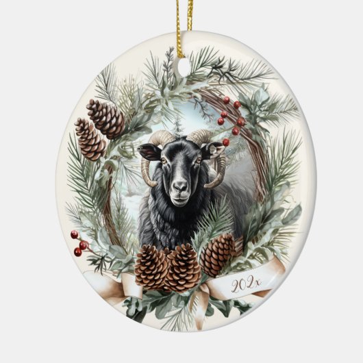 ブラックシープファーム動物クリスマスピネコンリース セラミックオーナメント (左)
