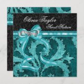 ブラックジェイドグリーン グリッター スイート シックスティーン 誕生日 招待状 (正面/裏面)