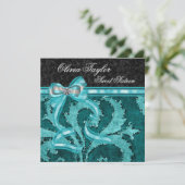 ブラックジェイドグリーン グリッター スイート シックスティーン 誕生日 招待状 (スタンド正面)