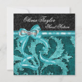 ブラックジェイドグリーン グリッター スウィート16 誕生日 招待状 (正面)