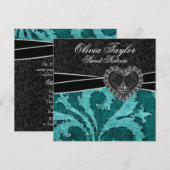 ブラックジェイドグリーン グリッター スウィート シックスティーン 誕生日 招待状 (正面/裏面)