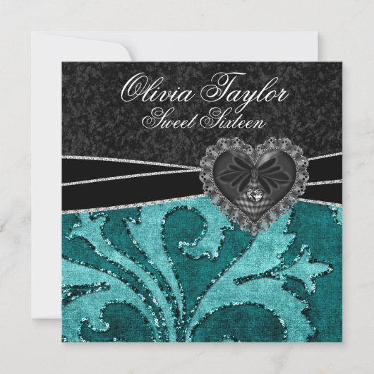 ブラックジェイドグリーン グリッター スウィート シックスティーン 誕生日 招待状 (正面)