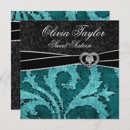 ブラックジェイドグリーン グリッター スウィート シックスティーン 誕生日 招待状 (正面/裏面)