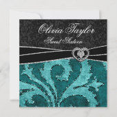 ブラックジェイドグリーン グリッター スウィート シックスティーン 誕生日 招待状 (正面)