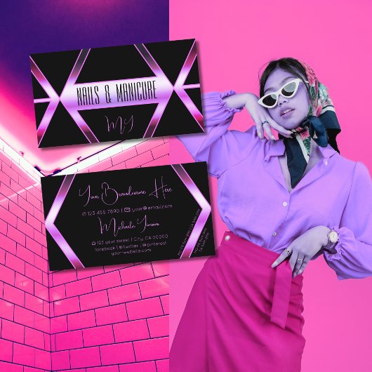 ブラックジオメトリックピンクパープルきらめくとモノグラム 名刺