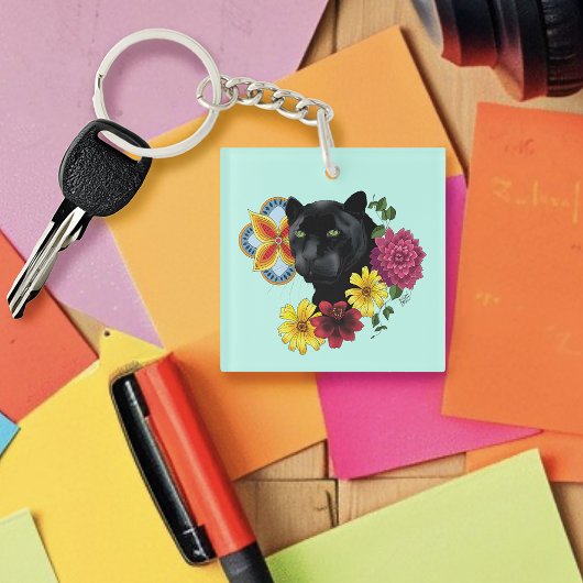 ブラックジャガーポートレートフラワーズビジネスロゴ キーホルダー