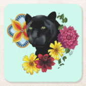 ブラックジャガーポートレート花 スクエアペーパーコースター (正面)