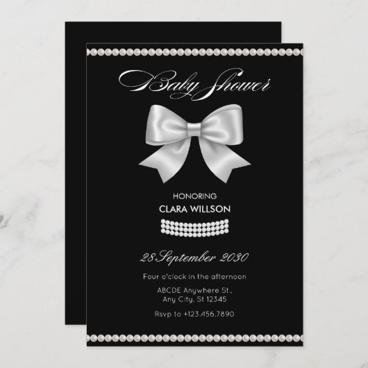 ブラックスウィートボウ真珠のベビーシャワー 招待状 (正面/裏面)