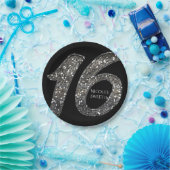 ブラックスウィート16シルバーグリッターグラムバースデーパーティー ペーパープレート (パーティー)