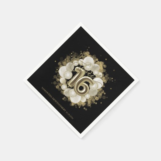 ブラックスウィート16金ゴールド水彩風船 スタンダードカクテルナプキン (角)