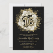 ブラックスウィート16金ゴールド水彩風船 招待状 (正面)