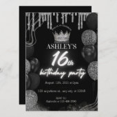 ブラックスウィート16thグリッター白熱［赤熱］光を放つネオン誕生日 招待状 (正面/裏面)