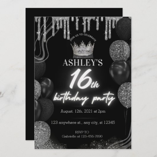 ブラックスウィート16thグリッター白熱［赤熱］光を放つネオン誕生日 招待状 (正面/裏面)