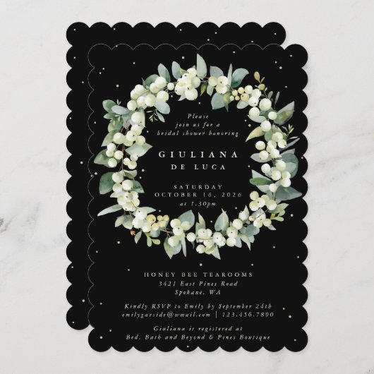 ブラックスエレガントノーベリー+ユーカリブライダルシャワー 招待状 (正面/裏面)