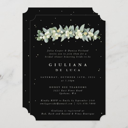 ブラックスエレガントノーベリー+ユーカリブライダルシャワー 招待状 (正面/裏面)