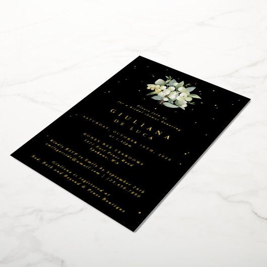 ブラックスエレガントノーベリー+ユーカリブライダルシャワー 箔招待状 (回転した状態)