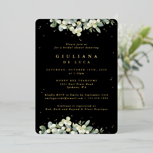 ブラックスエレガントノーベリー+ユーカリブライダルシャワー 箔招待状 (立ち正面)